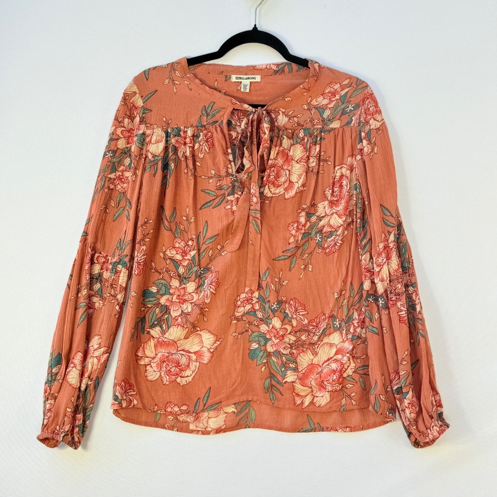 Billabong Small Floral Long Sleeve Blouse‎ Top Coral Bohemian Boho Rayon Surf